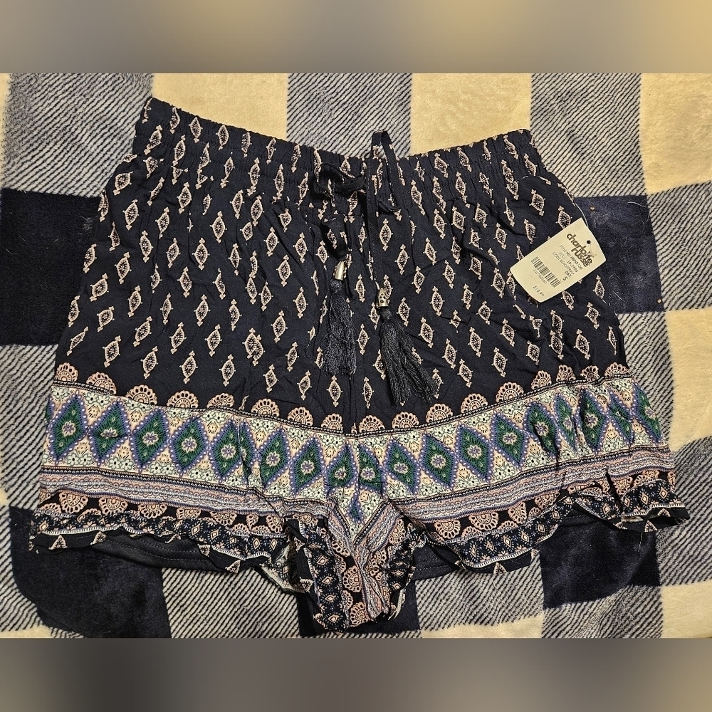 NWT Charlotte Russe Womens Blue Multicolored Elastic Waist Shorts Size Small